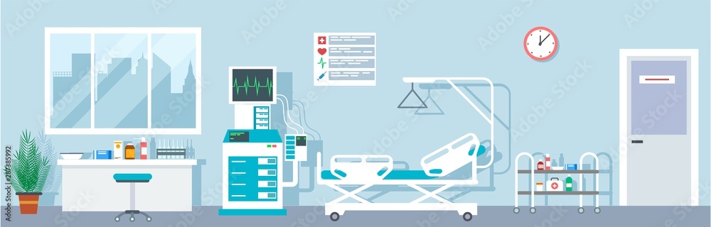 Wall mural Hospital ward. Empty emergency room indoor. Intensive therapy rooms with bad, medical equipment. Vector flat interior ward, medical indoor hospital illustration