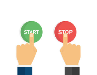 Hand with finger press start stop green and red button. Click icon vector. Press button icon vector. Electric power icon.
