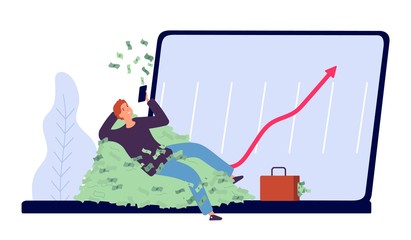 Successful investment. Man makes profit from money invested concept. Flat rich businessman character woth money and laptop vector illustration. Businessman get profit from web business, money growth