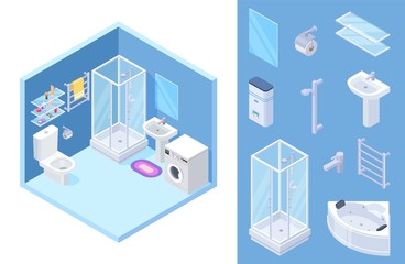 Bathroom isometric. Vector shower, toilet, bath furniture, mirror, glass shelves. Illustration shower and furniture for interior bathroom
