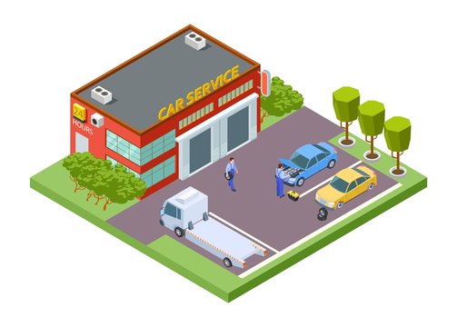 Car service location. Isometric service building, vector tow truck, tire fitting illustration. Automobile maintenance, tire change and repair