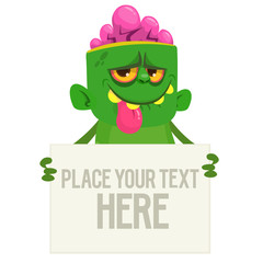Cartoon zombie holding blank paper banner for text. Vector illustration. Isolated on the white background. Halloween design element for banner, postcard, poster.