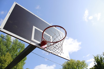 basketball hoop and net against blue sky