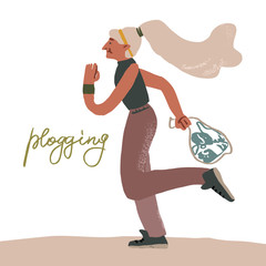 Running Volunteer picking up plastic garbage outdoor. People sorting and recycling waste. Flat. Vector illustration.