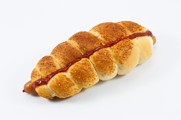 Sausage bread with tomato sauce on white background