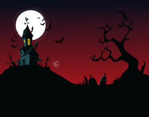 Halloween background with tombs, trees, bats, tombstones, gravey and hounted house