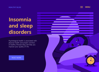 Woman lies in bed with open eyes in the dark room. Night. Insomnia and sleep disorder. Health website template. Vector flat illustration
