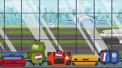 Suitcases with Paraguayan flag stickers on baggage carousel in airport. Travel to Paraguay conceptual loopable cartoon animation