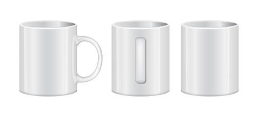 Realistic White Cup Empty Template Mockup Set Different Views. Vector illustration of Mug