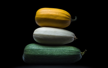 Several zucchini of varying degrees of ripeness.