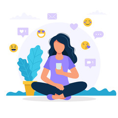 Woman with a smartphone, social media icons. Concept vector illustration in flat style