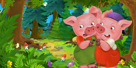 Cartoon fairy tale scene with pig farmers or workers brothers on the meadow in the forest - illustration for children