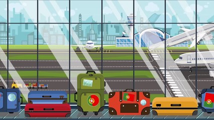 Baggage with Portuguese flag stickers on carousel in airport. Tourism in Portugal conceptual loopable cartoon animation