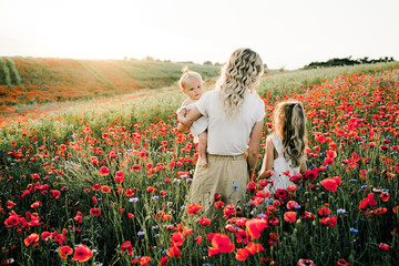 woman with her two daughter look at poppy flowers