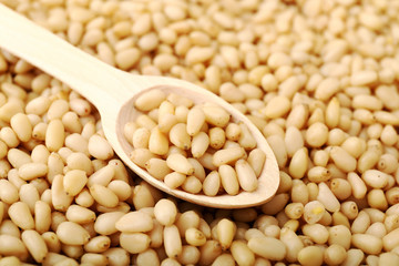 Pine nuts on a wooden spoon on background texture of shelled pine nuts.