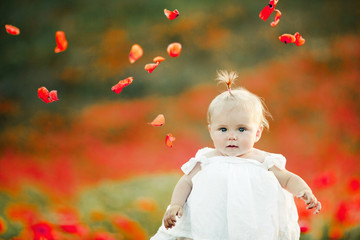 a baby stands among poppy field