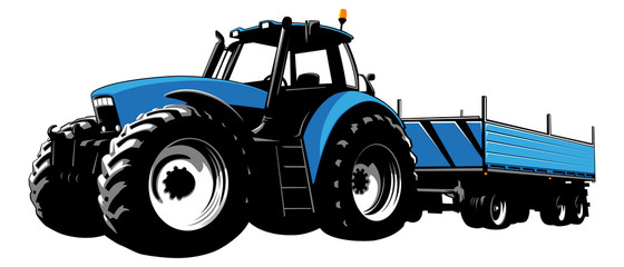 Blue tractor with trailer for transportation of goods. Agricultural machine. Tractor on a white background. Stock Vector illustration.