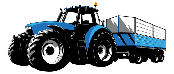 Blue tractor with big trailer for transportation of goods. Agricultural machine. Tractor on a white background. Stock Vector illustration.
