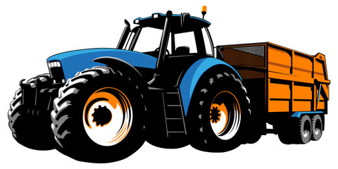 Blue tractor with dump truck. Agricultural machine. Tractor on a white background. Stock vector illustration