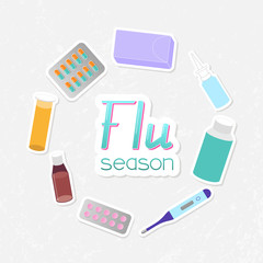 Set of medicines, pills, drugs, thermometer, potion, mixture, vitamins, tablets, supplements, nasal drops or spray, nose wipes. Flu season typography. Medication, concept. Texture background