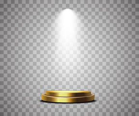 Round podium, pedestal or platform illuminated by spotlights on white background.