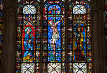 Fototapeta na wymiar Colorful stained glass windows in Basilique Saint-Urbain, 13th century gothic church in Troyes, France.
