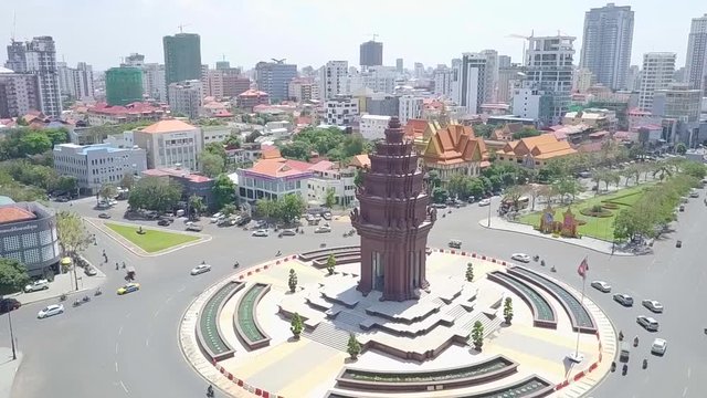 Aerial view of Phnom Penh landmarks, Cambodia. Day time.