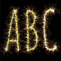 Bengal lights golden glittering sparks leters set. Vector shining golden figures of sparkles and stars on black background.