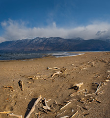 Fototapeta na wymiar Russia. mountain Altai. Southern shore of lake Teletskoye near the mouth of the river Chulyshman