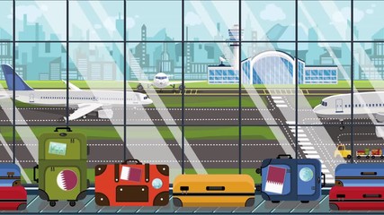 Suitcases with Qatari flag stickers on baggage carousel in airport. Tourism in Qatar related loopable cartoon animation