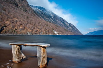 Russia. mountain Altai. Southern shore of lake Teletskoye near the mouth of the river Chulyshman