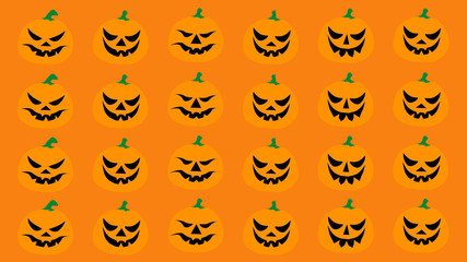 Halloween flat style cartoon pumpkins with black eyes. Group of pumpkins on orange background. Design illustration 