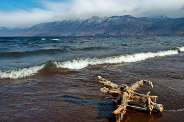 Russia. mountain Altai. Southern shore of lake Teletskoye near the mouth of the river Chulyshman