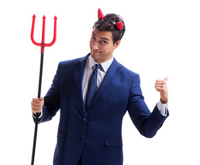 Evil devil businessman with pitchfork isolated on white backgrou