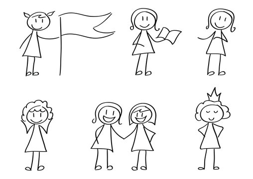 Stick figures in vector. Girls, women cooperating and showing support to each other. Cute childish drawings, freehand outline doodles
