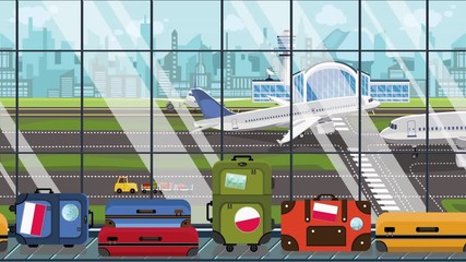 Luggage with Polish flag stickers on baggage carousel in airport. Tourism in Poland conceptual loopable cartoon animation