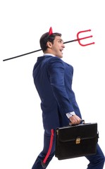 Evil devil businessman with pitchfork isolated on white backgrou