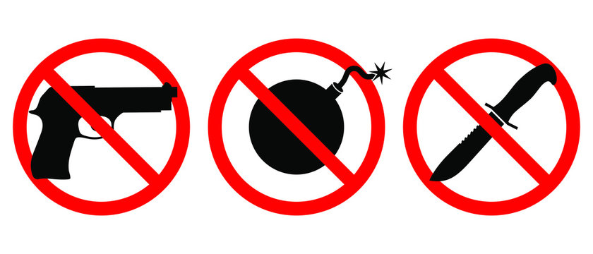 Weapons Are Prohibited Icons Set. Guns, Knives, Bombs Are Banned. Weapons In The Red Prohibition Sign Isolated  Set Symbols On White Background. Vector Illustration