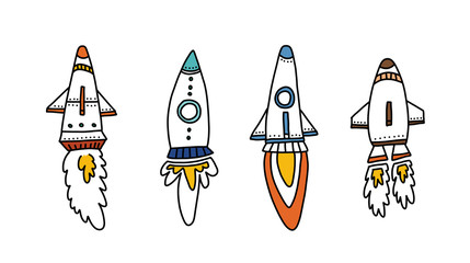 Bright flyer set handdrawn rockets, cartoon flat.