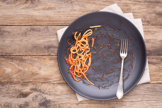 Dirty Black Plate With Leftovers On Wooden Table, Top View