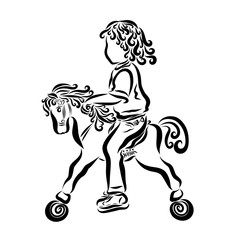 child riding a toy horse with wheels