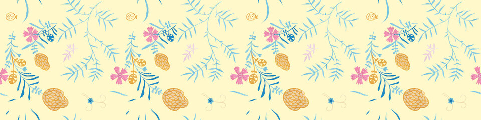 Yellow backdrop with modern floral decoration. Repeating leaves, petal thorns pattern. Soulful herbal expression. Mediterranean decor. Elegance seamless ornament on light backgrounds