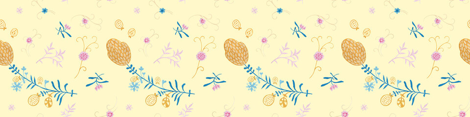 Yellow backdrop with modern floral decoration. Repeating leaves, petal thorns pattern. Soulful herbal expression. Mediterranean decor. Elegance seamless ornament on light backgrounds