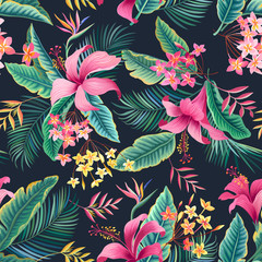 seamless floral pattern with tropical leaves and hibiscus on dark background - 287401355