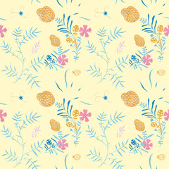 Floral seamless pattern for Mediterranean decor. Yellow backdrop. Wrapping gift paper flower decoration. Hand painted gouache elegant leaves and twigs. Elegance Middle Ages floral ornament