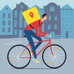 Delivery man riding on a bicycle with bacpack with a cityscape behind