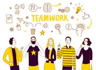 Brainstorm and teamwork doodle illustration with people