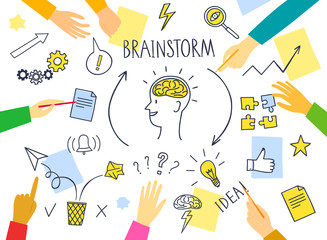 Brainstorm and teamwork banner with people's hands and doodle symbols set.