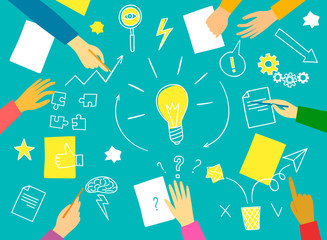 Teamwork and brainstorm banner with people's hands and doodle symbols set.