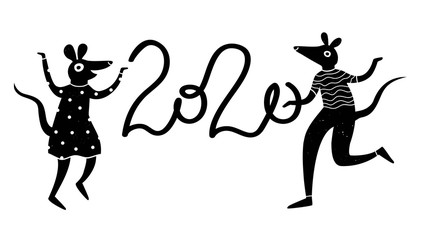 2020 happy new year party print design with dancing rats. Vector doodle illustration with animals.